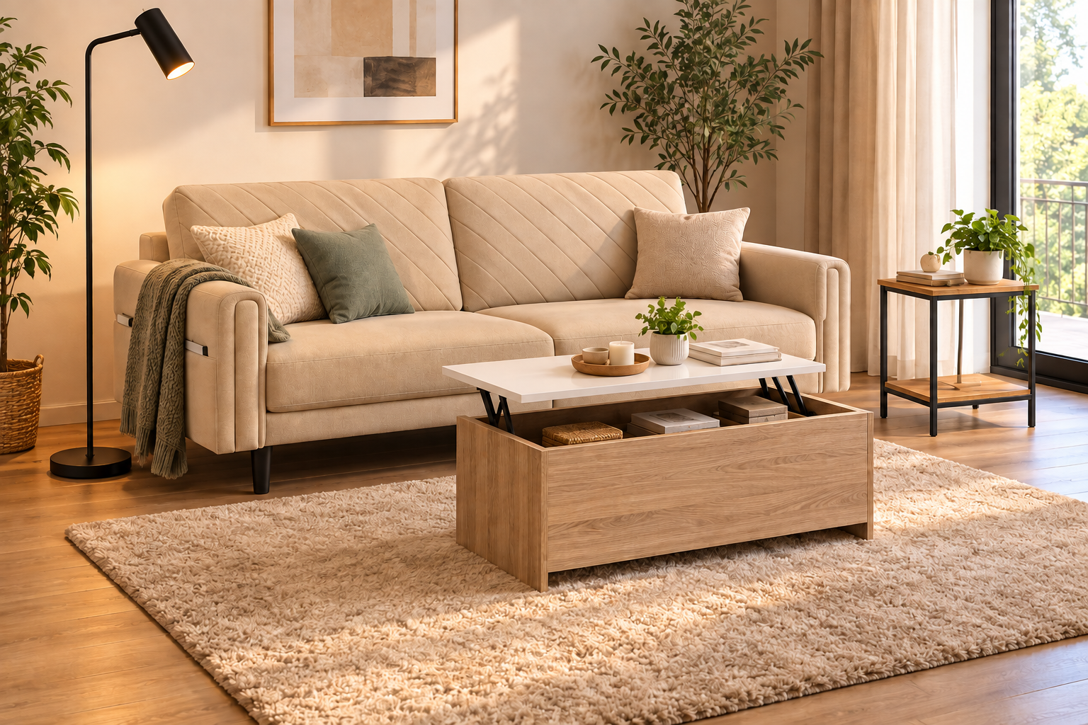 Salón beige cálido con sofá, mesa de centro, lámpara, alfombra y mesa auxiliar